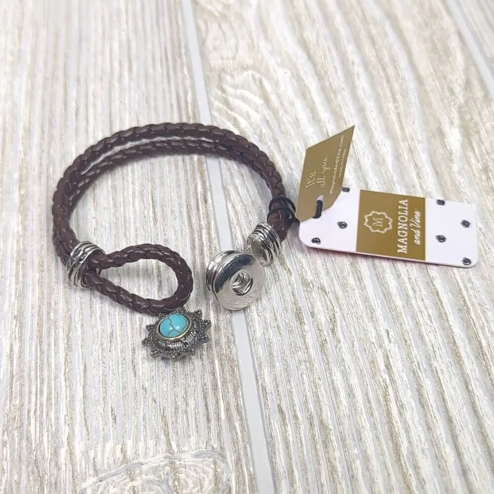 Magnolia and Vine Womens Leather Corded Snap Bracelet with Turquoise Stone NWT
